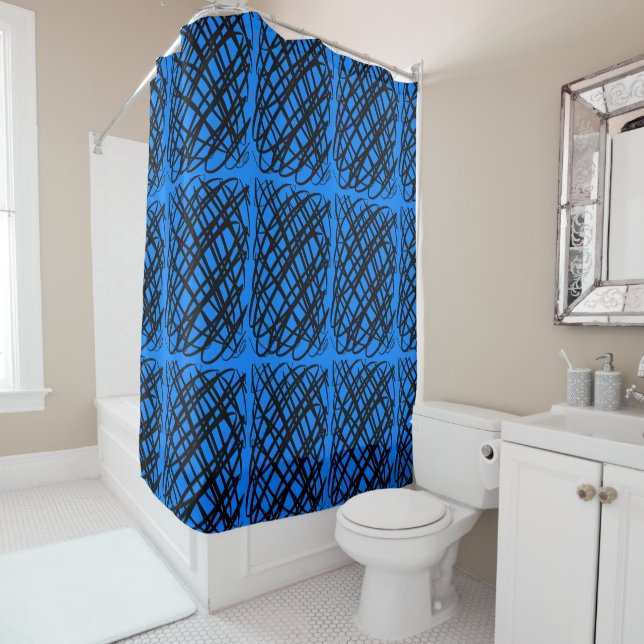 Simple Scribble | Black | Centre Tiled | Blue | Shower Curtain (In Situ)
