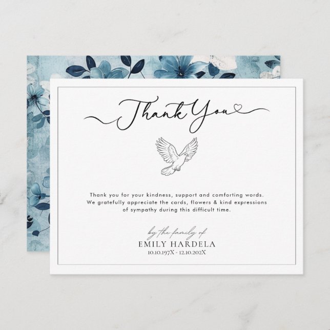 Simple Scrift Dove Funeral Thank You Card (Front/Back)