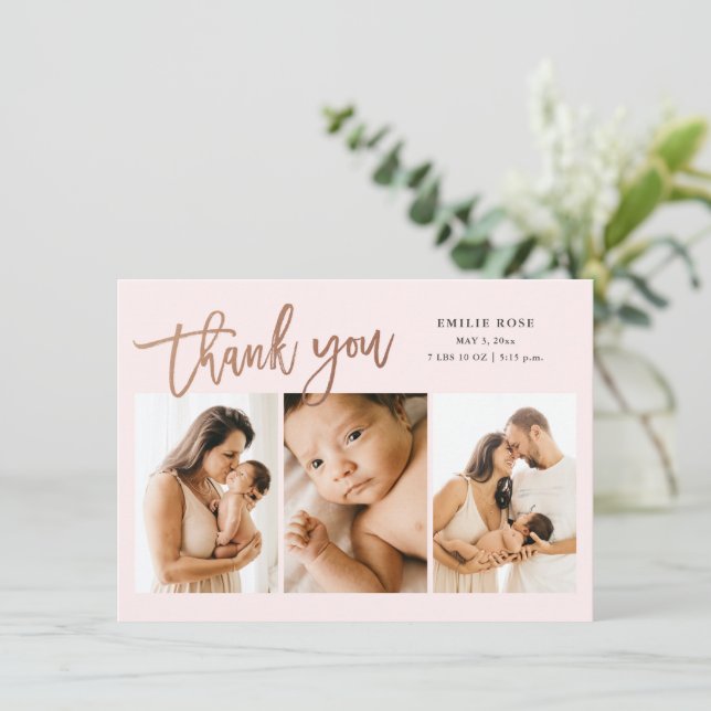 Simple Script 3 Photo Baby Birth Thank You Card (Standing Front)