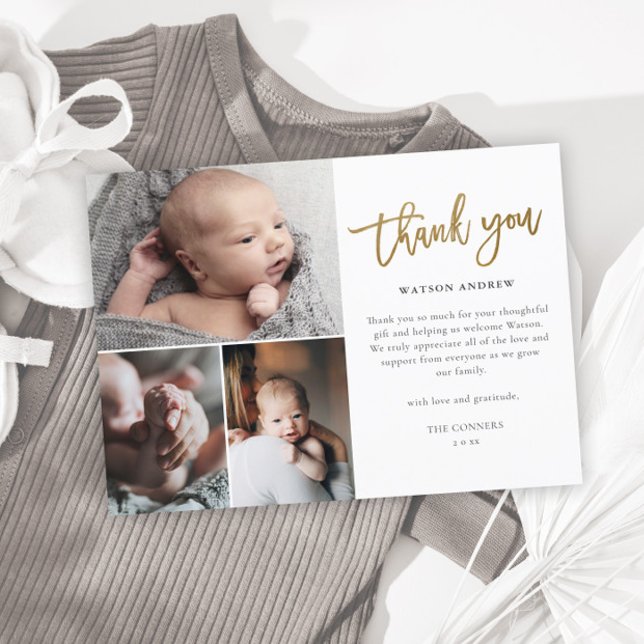 Simple Script 3 Photo Collage Baby Thank You Postcard (Creator Uploaded)