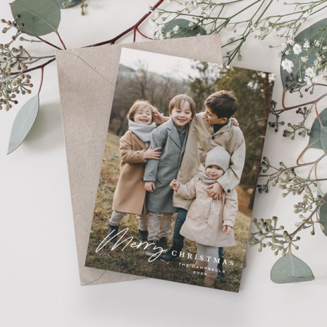 Simple Script 3 Photo Merry Christmas Holiday Card (Simple script merry christmas photo holiday card that is  simple and typographic.)