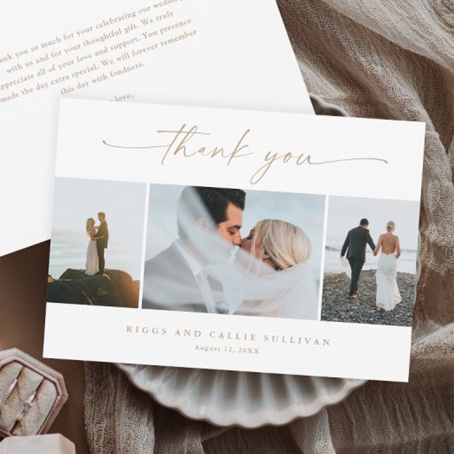 Simple Script 3  Photo Wedding  Thank You Card (Elegant handwritten gold script wedding photo thank you cards.)