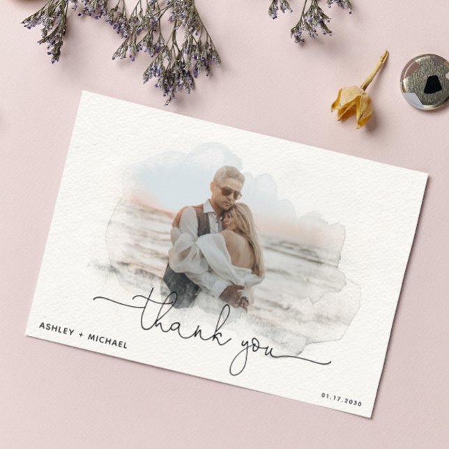 Simple Script 4 Photo Watercolor Wedding Thank You (Grateful for the love and joy you shared on our special day. )
