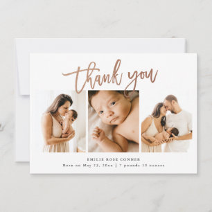 Simple Script Baby 3 Photo Birth Stat Thank You Card