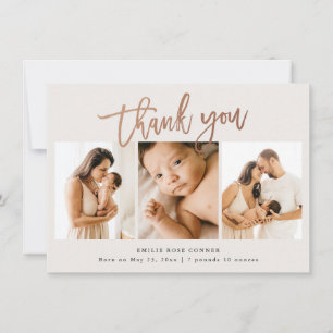 Simple Script Baby 3 Photo Birth Stat Thank You Card