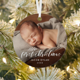 Simple Script Baby's First Christmas Photo Holiday Metal Tree Decoration