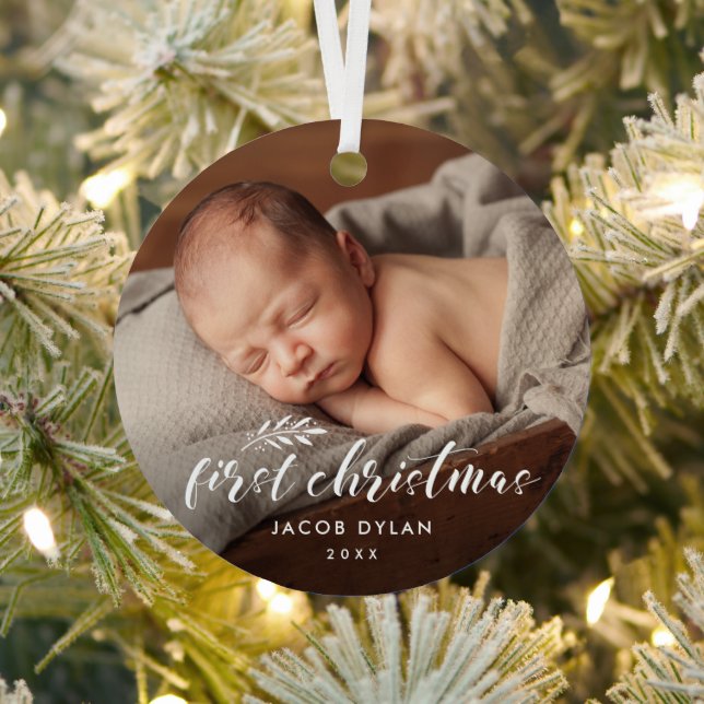 Simple Script Baby's First Christmas Photo Holiday Metal Tree Decoration (Insitu)