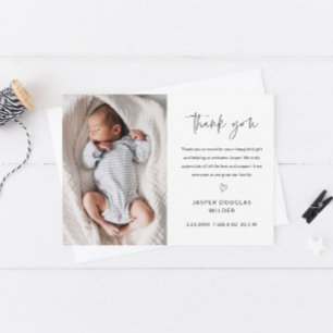 Simple Script Black and White Baby Photo Thank You Card