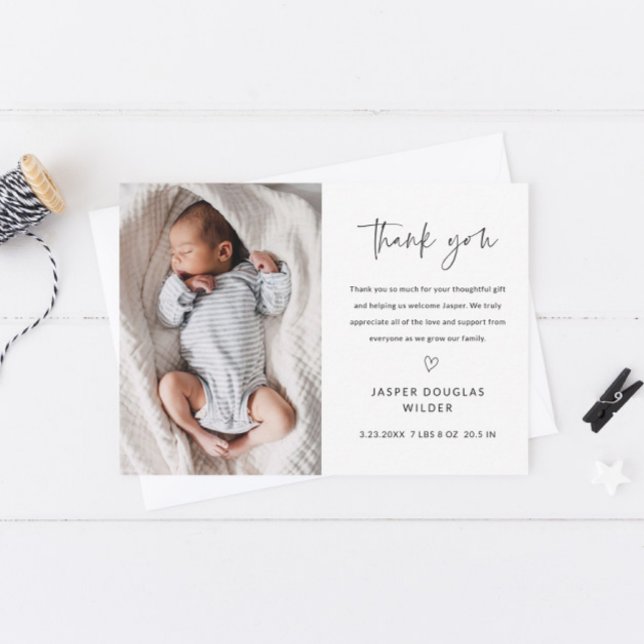 Simple Script Black and White Baby Photo Thank You Card (Simple handwritten black and white baby photo thank you card.)