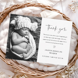 Simple Script Black and White Baby Photo Thank You Card
