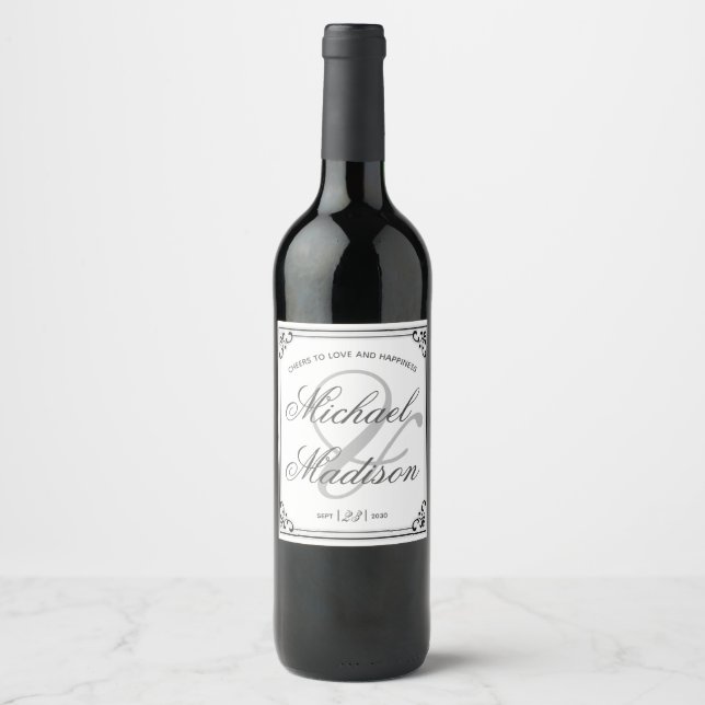 Simple Script Black and White Cheers Wedding Wine Label (Front)