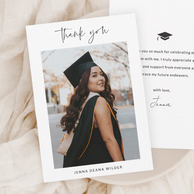 Simple Script Black and White Graduation Thank You Card (Modern script simple black and white graduation photo thank you card.)