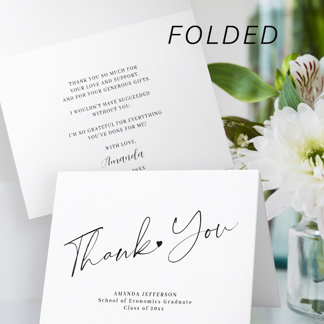 Simple script black and white graduation thank you card (Creator Uploaded)