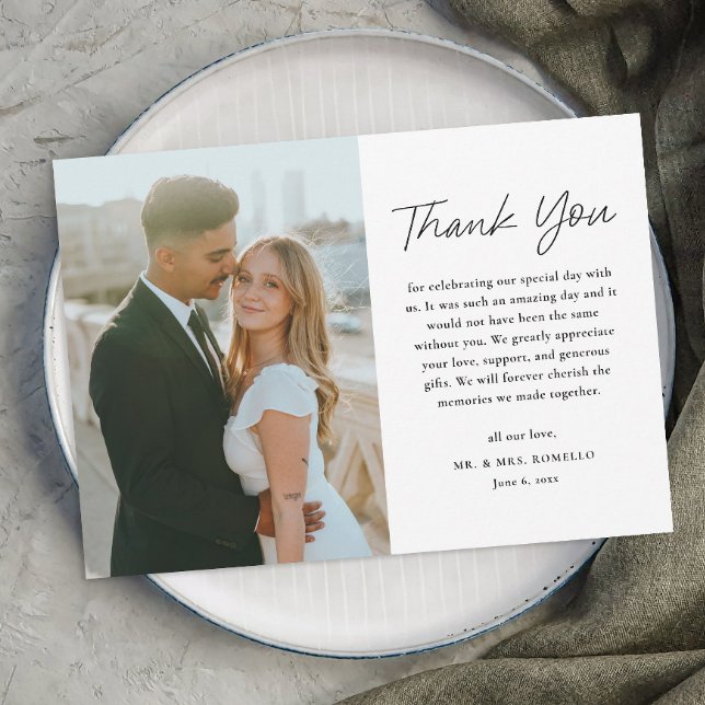 Simple Script Black and White Photo Wedding Thank You Card (Simple Modern Script Black and White Wedding Photo Thank You Card.)