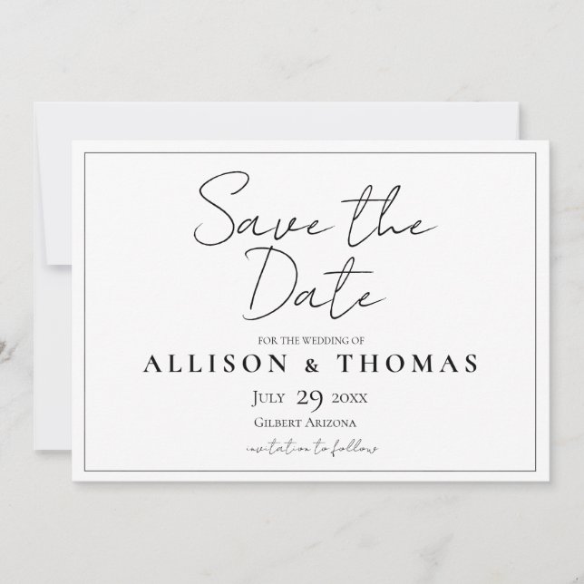 Simple Script Black and White Save the Date (Front)