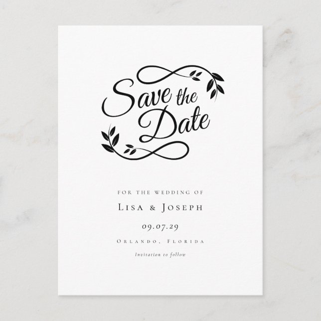 Simple Script Black and White Save the Date Postcard (Front)