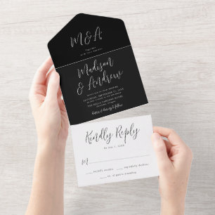 Simple Script Black and White Wedding All In One Invitation