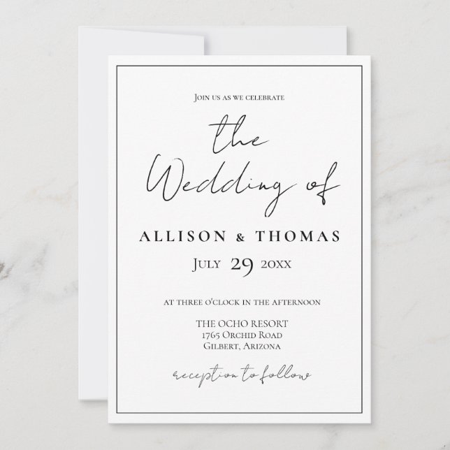 Simple Script Black and White Wedding Invitation (Front)