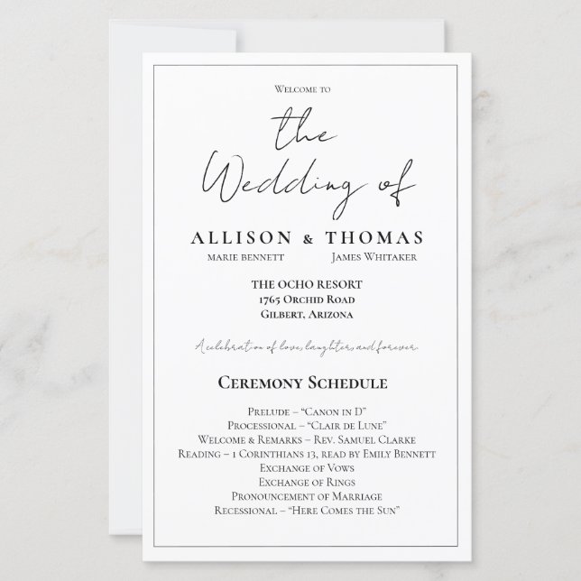 Simple Script Black and White Wedding Program (Front)