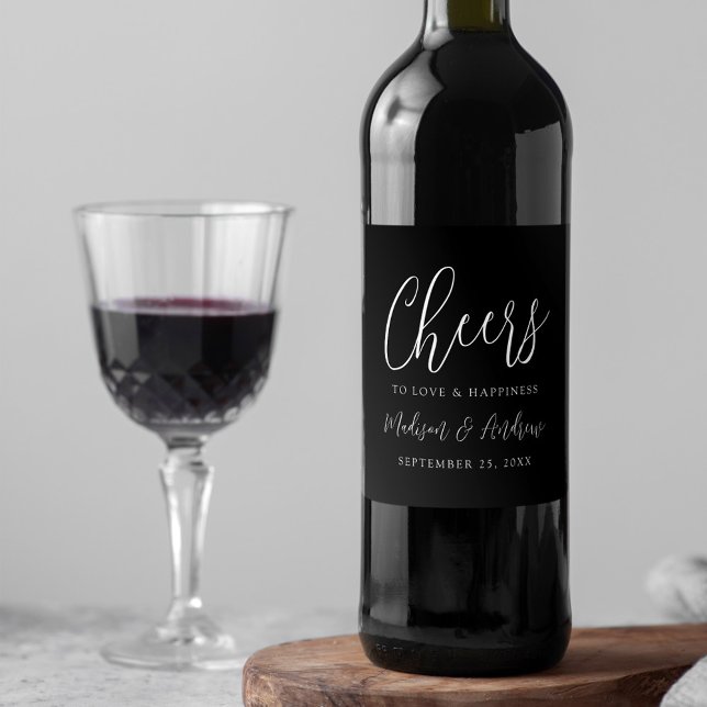 Simple Script Black Cheers to Love Wedding Wine Label (Creator Uploaded)