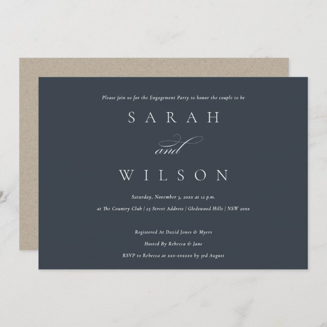 Simple Script Black Navy Engagement Party Invite (Front/Back)