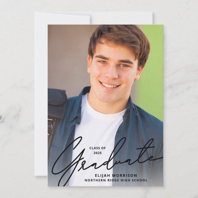 Simple Script Black Overlay Photo Graduation Party Invitation (Front)