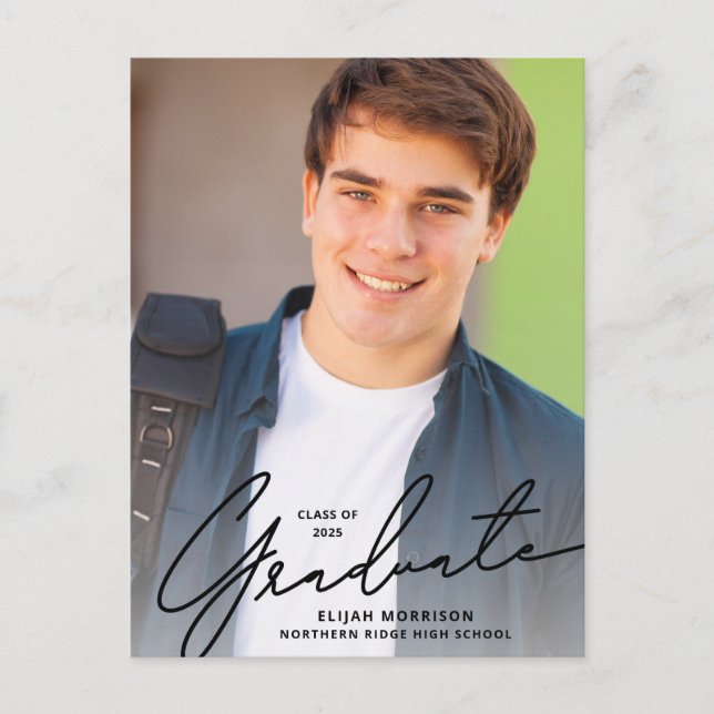 Simple Script Black Overlay Photo Graduation Postcard (Front)