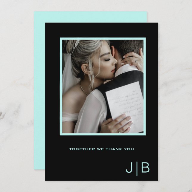  Simple script black & teal minimalist photo  Thank You Card (Front/Back)