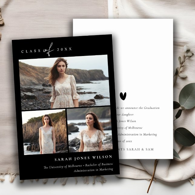 Simple Script Black & White 3 Photo Graduation Announcement (Creator Uploaded)