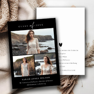 Simple Script Black & White 3 Photo Graduation Announcement