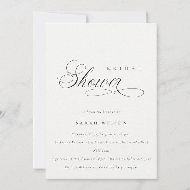 Simple Script Black White Bridal Shower Invite (Front)