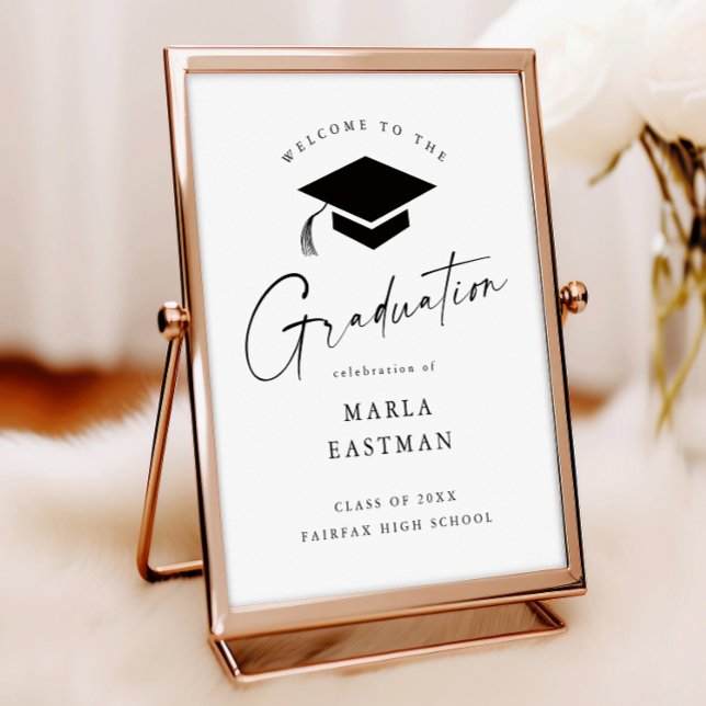 Simple Script Black & White Graduation Welcome Poster (Modern script black and white graduation welcome poster print.)
