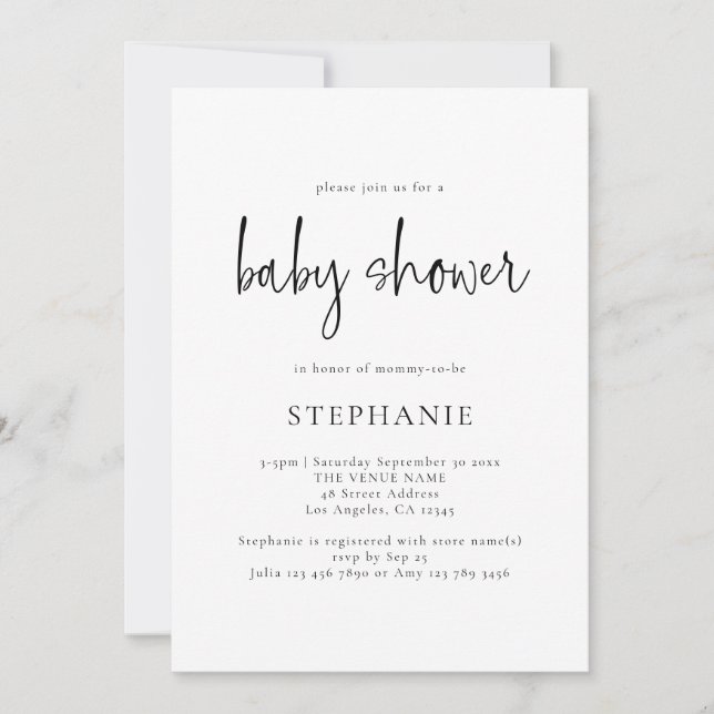 Simple Script Black White or Any Colour Baby Showe Invitation (Front)