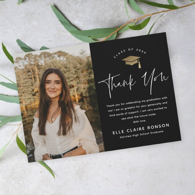 Simple Script Black & White Photo Graduation Thank You Card (Creator Uploaded)