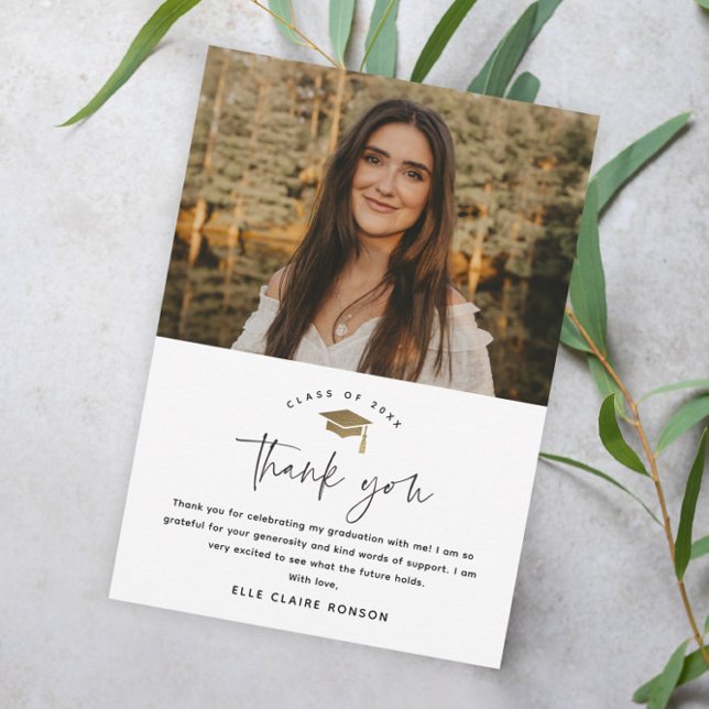 Simple Script Black & White Photo Graduation Thank You Card (Creator Uploaded)