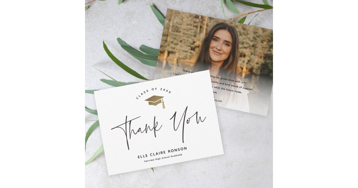 Simple Script Black & White Photo Graduation Thank You Card | Zazzle