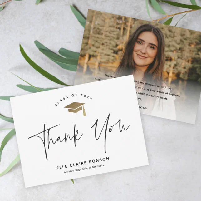 Simple Script Black & White Photo Graduation Thank You Card | Zazzle
