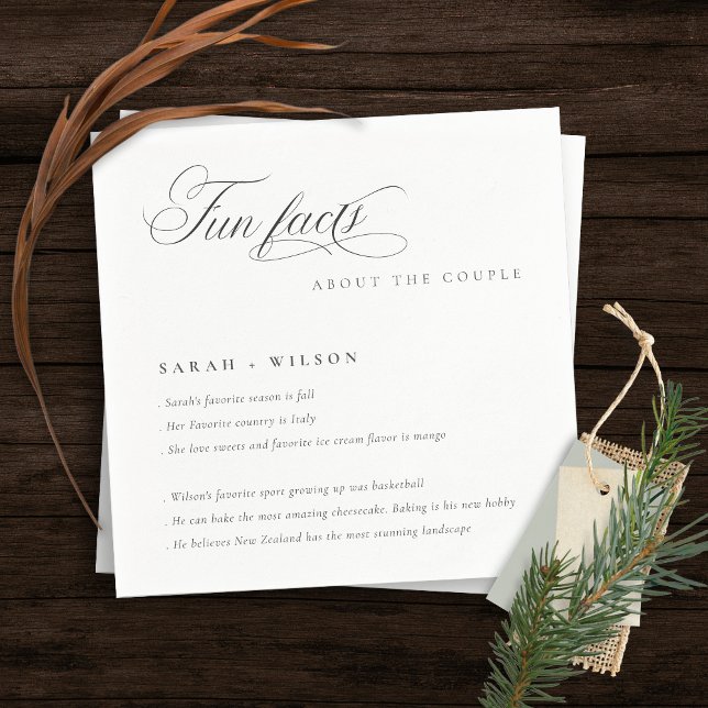 Simple Script Black White Wedding Fun Facts Napkin (Creator Uploaded)