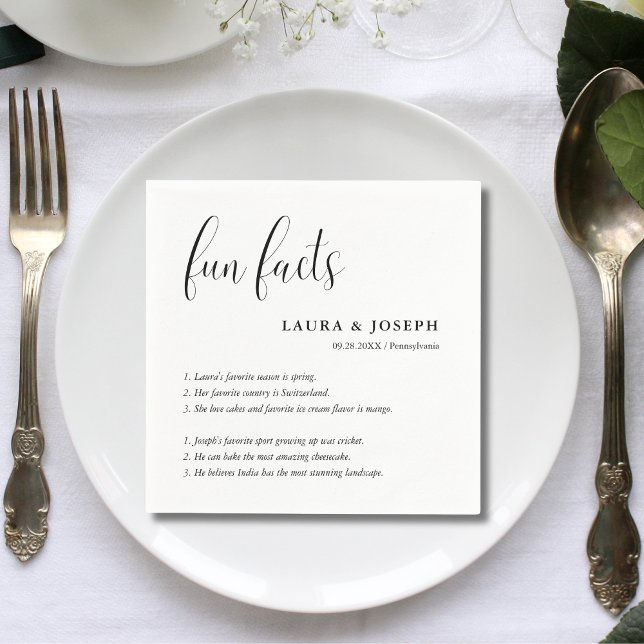 Simple Script Black White Wedding Fun Facts Napkin (Simple script black white wedding fun facts napkins add charm and spark guest conversations)