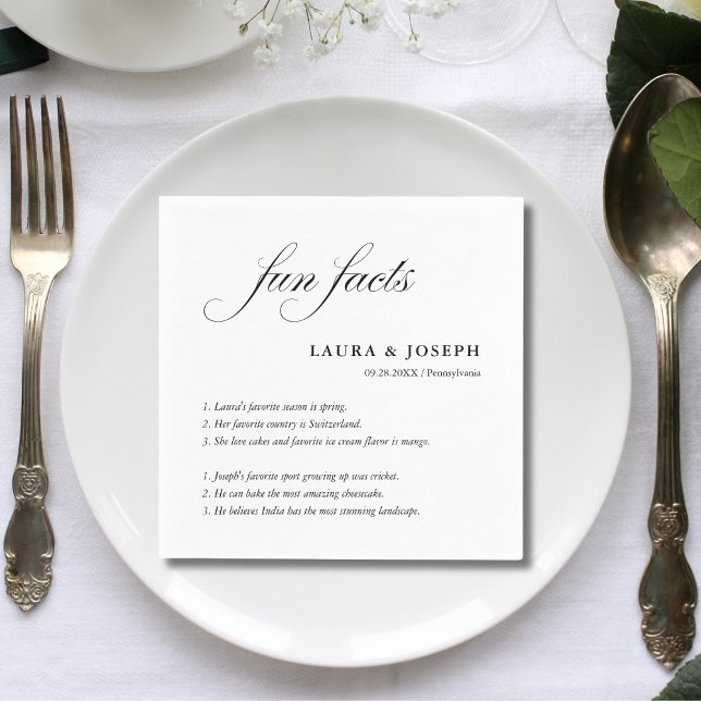 Simple Script Black White Wedding Fun Facts Napkin (Simple script black white napkins share fun facts and add a personal touch to weddings)