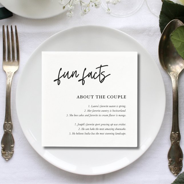 Simple Script Black White Wedding Fun Facts Napkin (Simple script black and white fun facts napkins add charm and spark guest conversations)