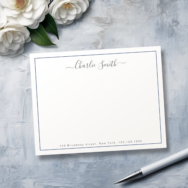Simple script blue border personalised stationery card (Simple script blue border personalized stationery note card)