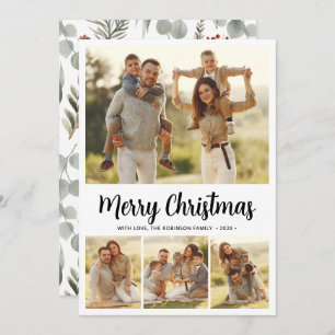 Simple Script Botanical 4 Multi Photo Christmas Holiday Card