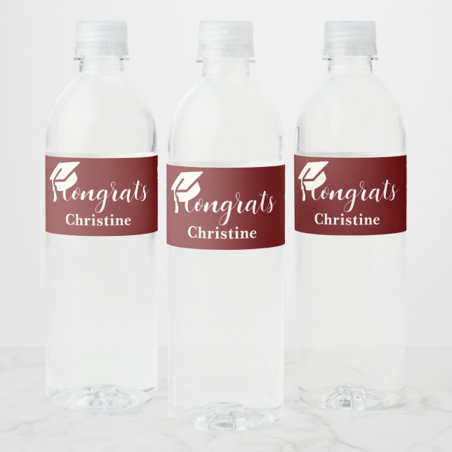 Simple script burgundy graduation water bottle  label (Bottles)