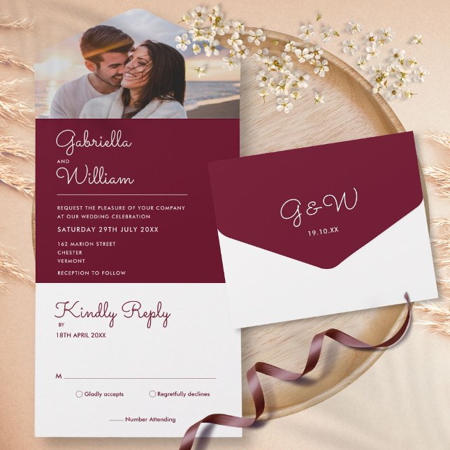 Simple Script Burgundy Monogram Photo Wedding All In One Invitation (Simple Script Burgundy Monogram Photo Wedding All In One Invitation)