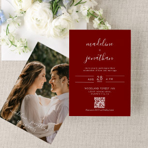 Simple Script Burgundy Red Photo QR Code Wedding Invitation