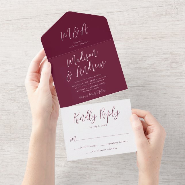 Simple Script Burgundy Wedding All In One Invitation (Tearaway)