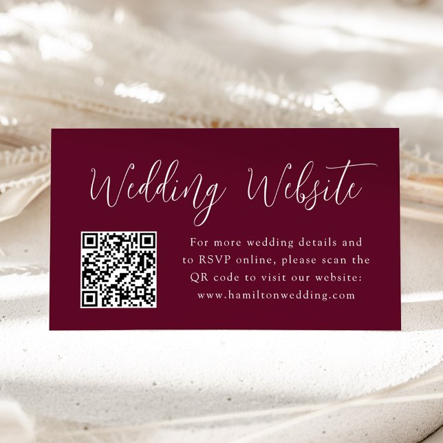Simple Script Burgundy Wedding Website QR Code Enclosure Card (Creator Uploaded)