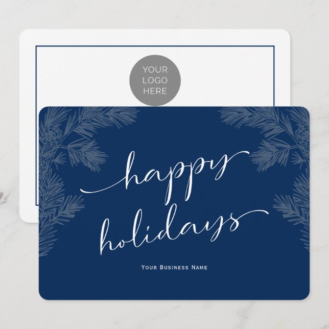 Simple Script Business Holiday Cards-Dark Blue Card (Front/Back)