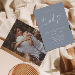 Simple Script Calligraphy Dusty Blue Photo Wedding Invitation